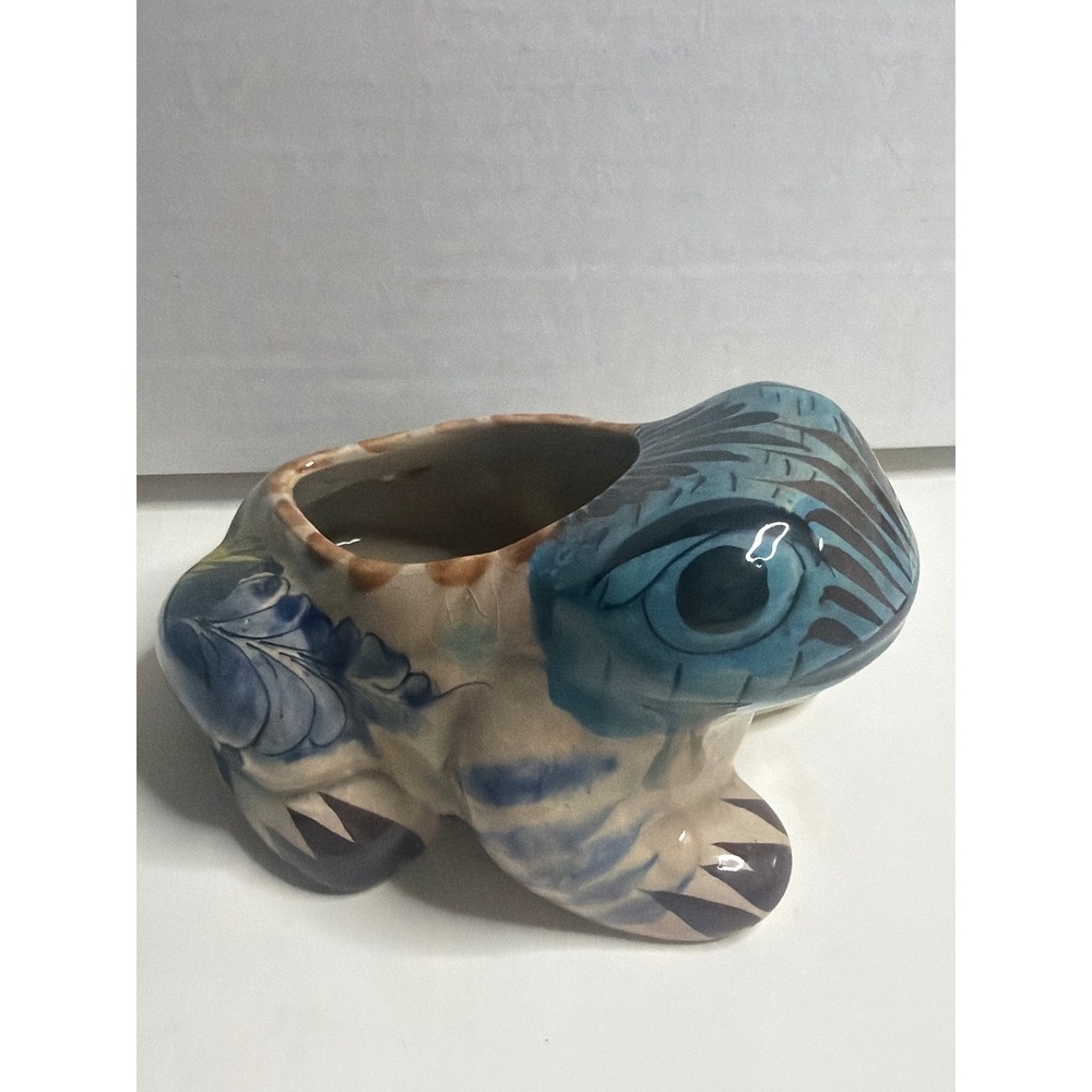 Hand Painted Talavera Style Ceramic Frog Planter Blue Floral Mexican Folk Art